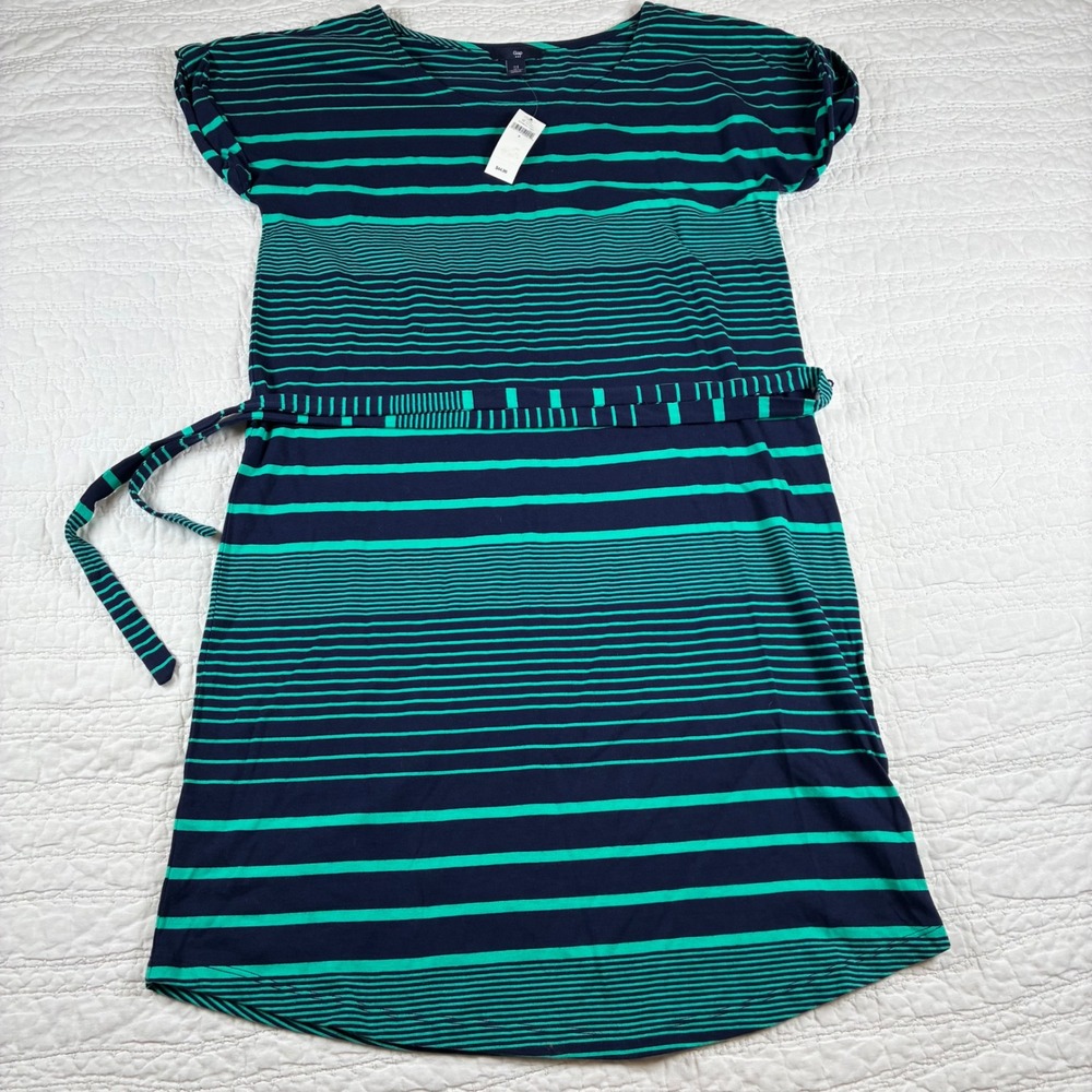 NEW Gap T-Shirt Dress Sz S Navy Blue Green Striped Tie Waist Casual Relaxed Prep